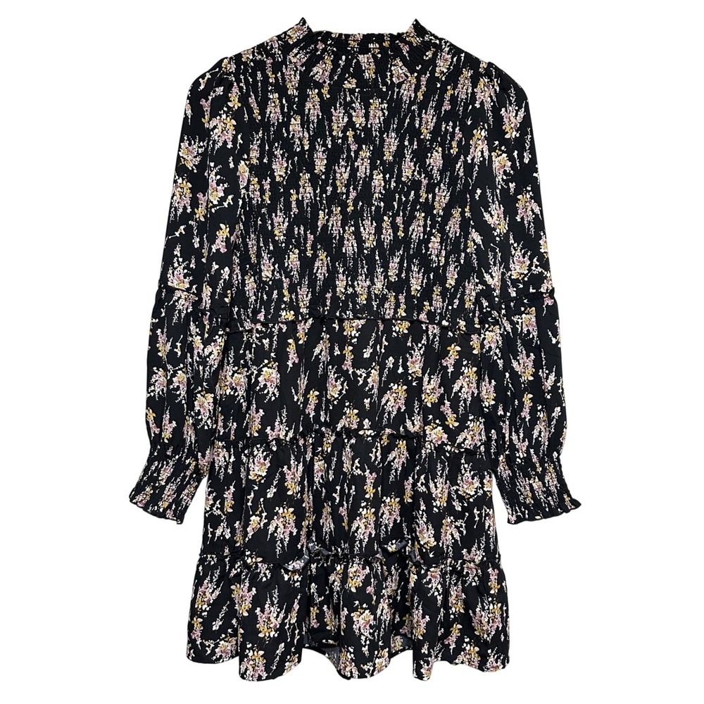 THML Dark Floral Tiered Cottage Dress Womens M Long‎ Sleeve Smocked Ruffle Mini